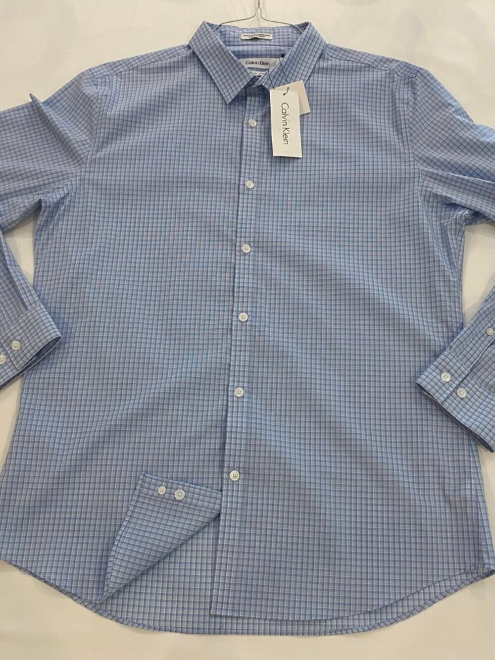 CALVIN KLEIN Men's Button Up Shirt NWT Large L Slim Fit Blue Grid Check Stretch